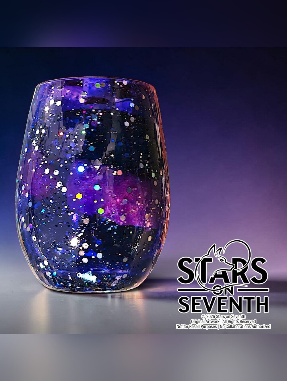 (1) HandCrafted 20oz Deep Purple Galaxy Design Resin Stemless Wine Glass